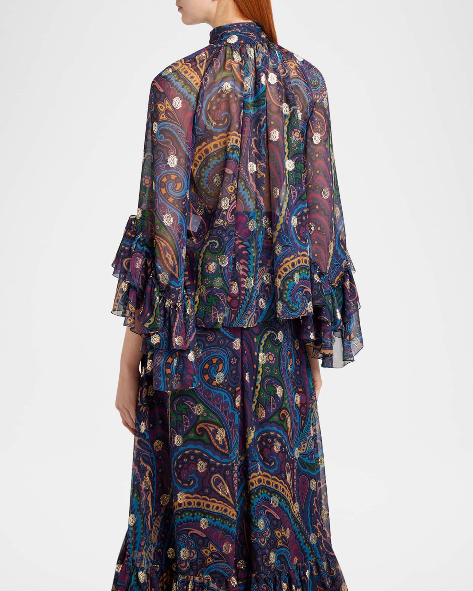 Emerald Paisley Ruffle Fil Coupe Blouse Product Image