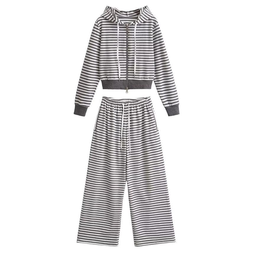 Drawstring Striped Zip Cropped Hoodie Product Image