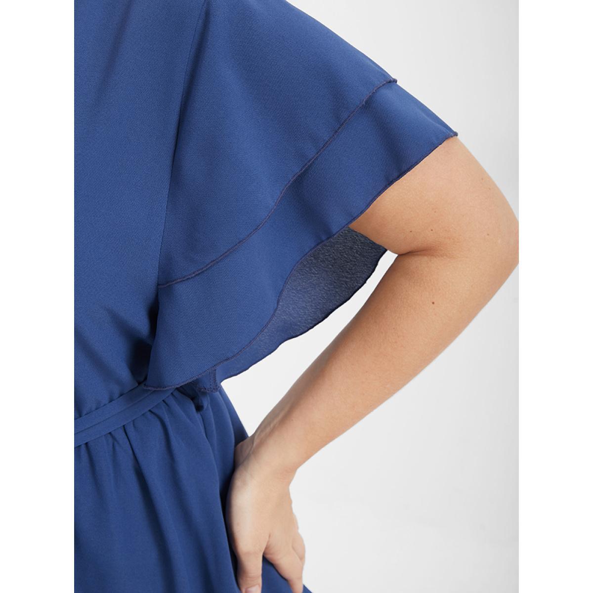 Plus Size DarkBlue Solid Babydoll Flutter Tiered Belted V Neck Blouse Women Elegant Short sleeve V-neck Dailywear Blouses BloomChic 30/6X Product Image
