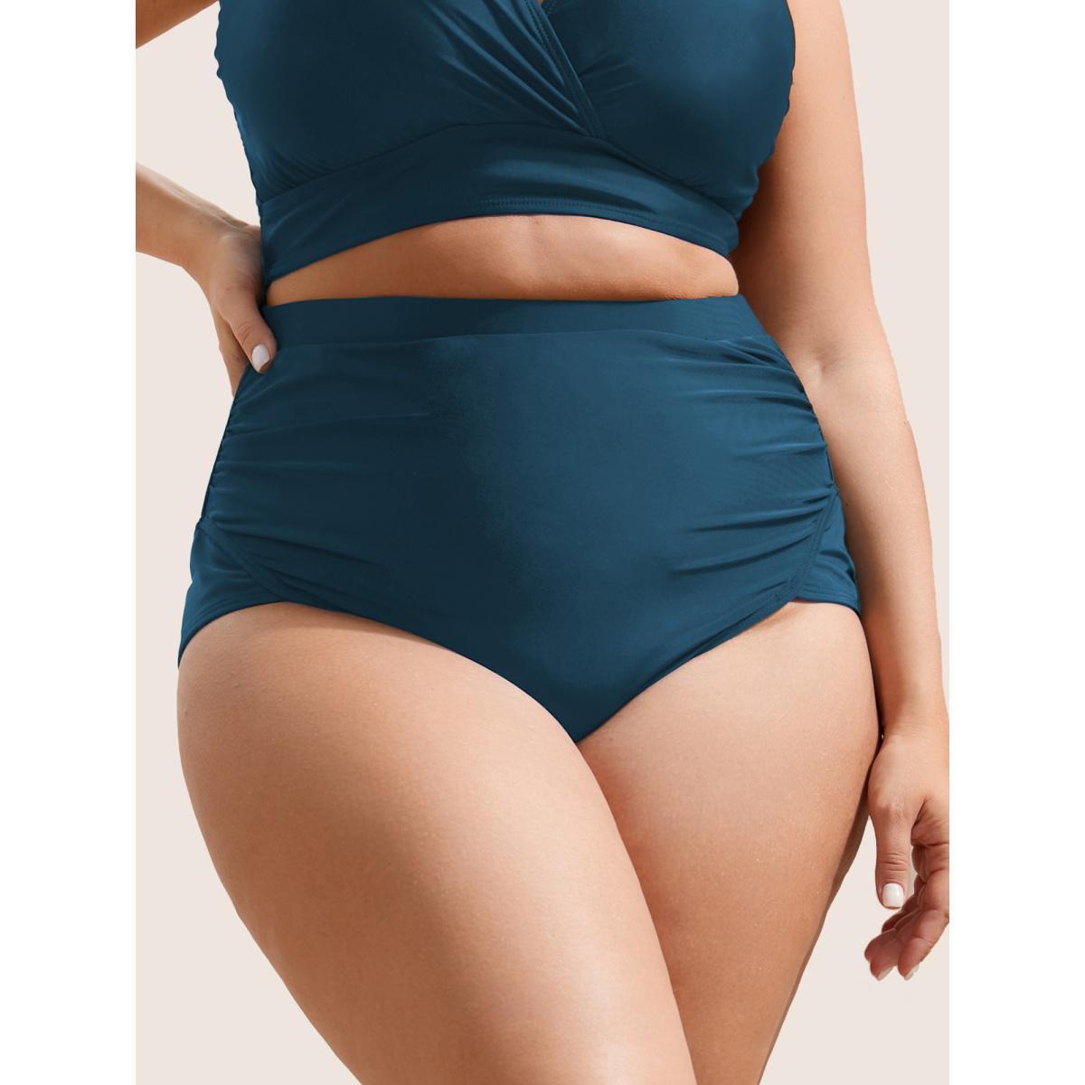 Plus Size Plain Patchwork Ruched Swim Bottom Women's Swimwear Indigo Beach Non High stretch Skinny High Rise Curve Swim Bottoms BloomChic 14-16/1X Product Image