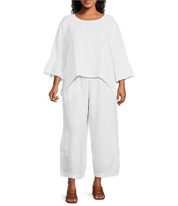 Bryn Walker Plus Size Fran Round Neck Ruffle 3/4 Bell Sleeve High-Low Linen Coordinating Shirt Product Image