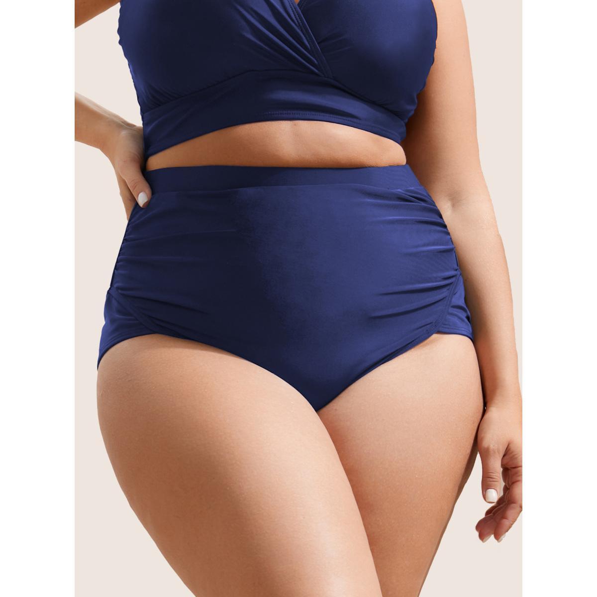 Plus Size Plain Patchwork Ruched Swim Bottom Women's Swimwear Black Beach Non High stretch Skinny High Rise Curve Swim Bottoms BloomChic 14-16/1X Product Image