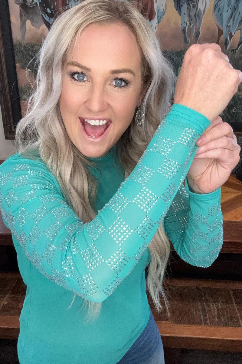 Sterling Kreek Checked In Turquoise Mesh Top Product Image