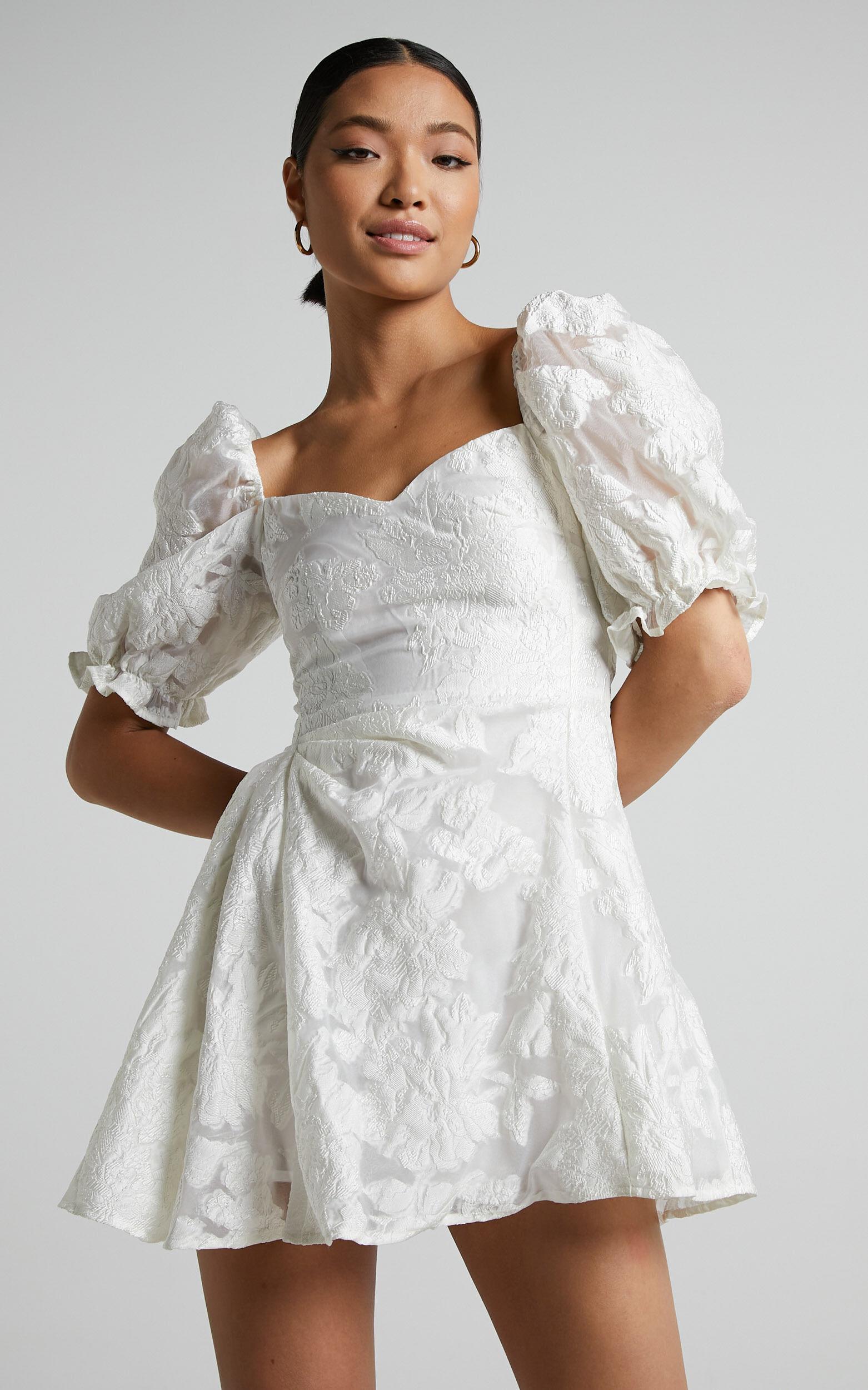Brailey Mini Dress - Puff Sleeve Fit and Flare Dress in White Product Image