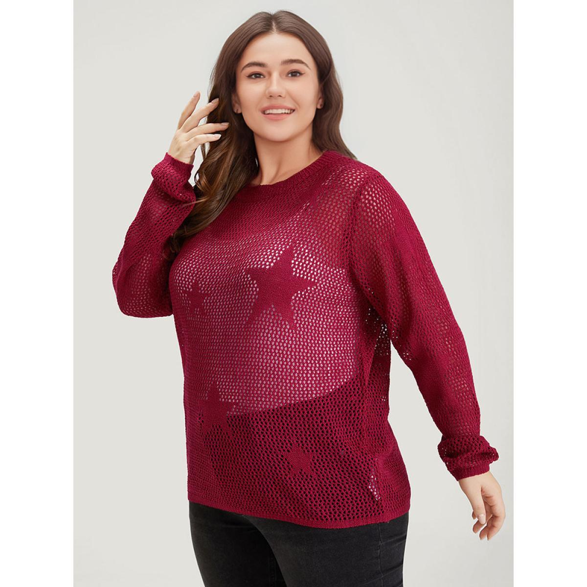 Plus Size Star Pattern Lantern Sleeve Hollow Out Pullover Raspberry Women Casual Long Sleeve Round Neck Everyday Pullovers BloomChic 22-24/3X Product Image