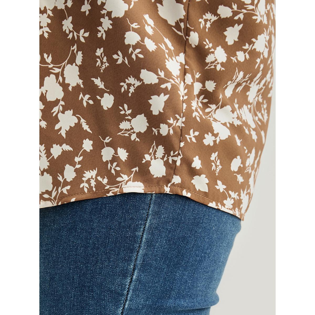 Plus Size Bronze Floral Lantern Sleeve Arc Hem Blouse Women Elegant Long Sleeve V-neck Dailywear Blouses BloomChic 28/5X Product Image