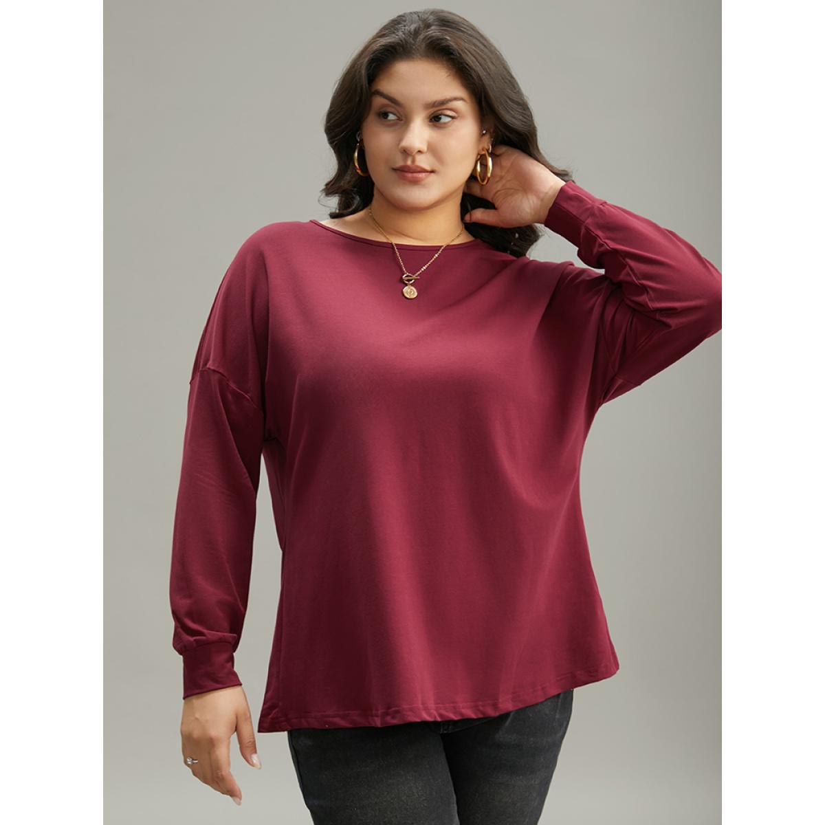 Plus Size Plain Guipure Lace Crisscross Cut Out Sweatshirt Women Burgundy Elegant Elastic cuffs Round Neck Dailywear Sweatshirts BloomChic 12/L Product Image