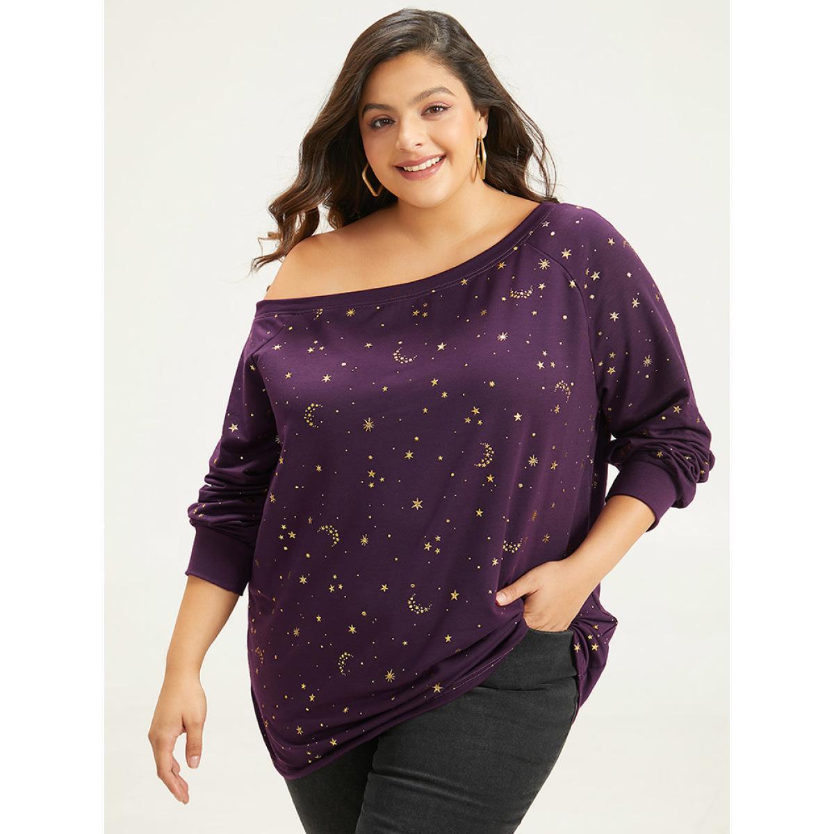 Plus Size Moon & Star Glitter One Shoulder Sweatshirt Women Eggplant Casual Elastic cuffs One Shoulder Dailywear Sweatshirts BloomChic 26/4X Product Image