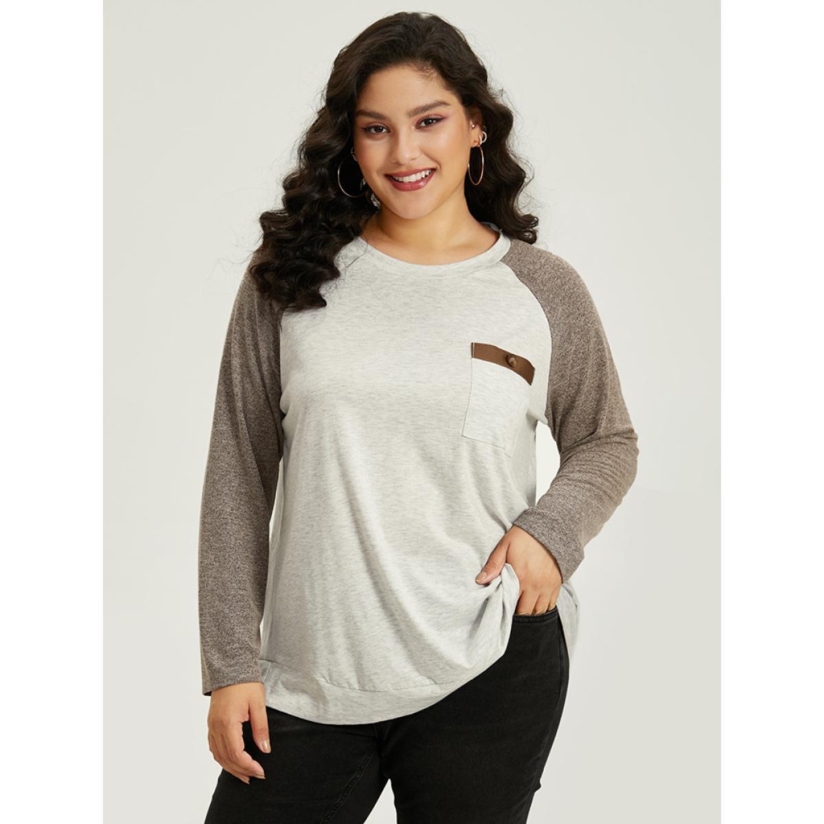 Plus Size Contrast Raglan Sleeve Patched Pocket T-shirt White Women Casual Contrast Plain Round Neck Dailywear T-shirts BloomChic 10/M Product Image