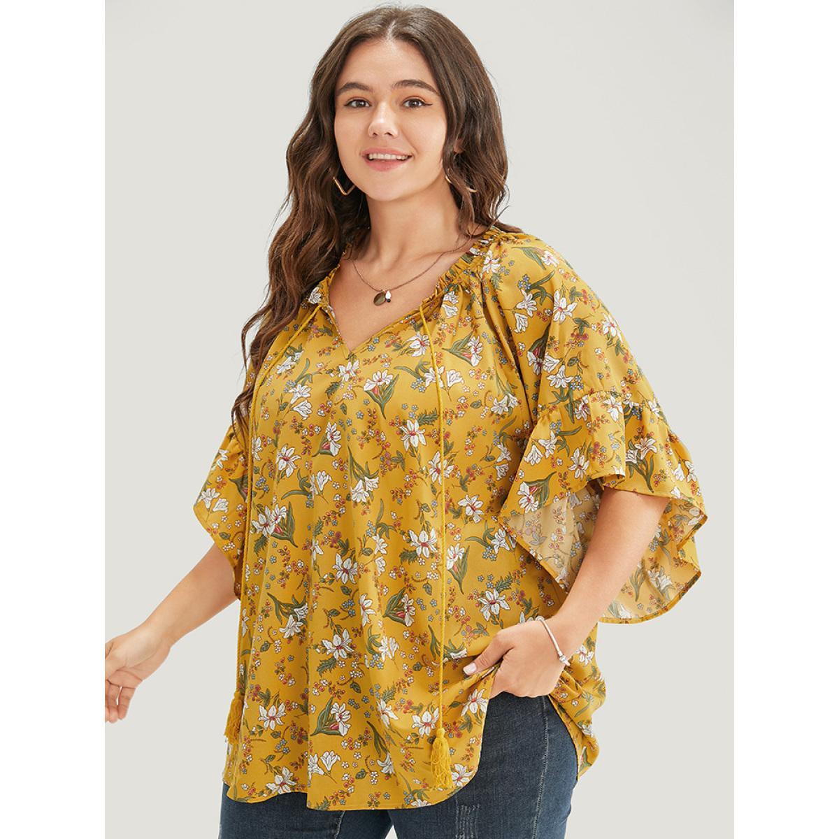Plus Size Yellow Floral Tie Neck Tassels Frill Trim Ruffle Sleeve Blouse Women Elegant Short sleeve V-neck Dailywear Blouses BloomChic 28/5X Product Image