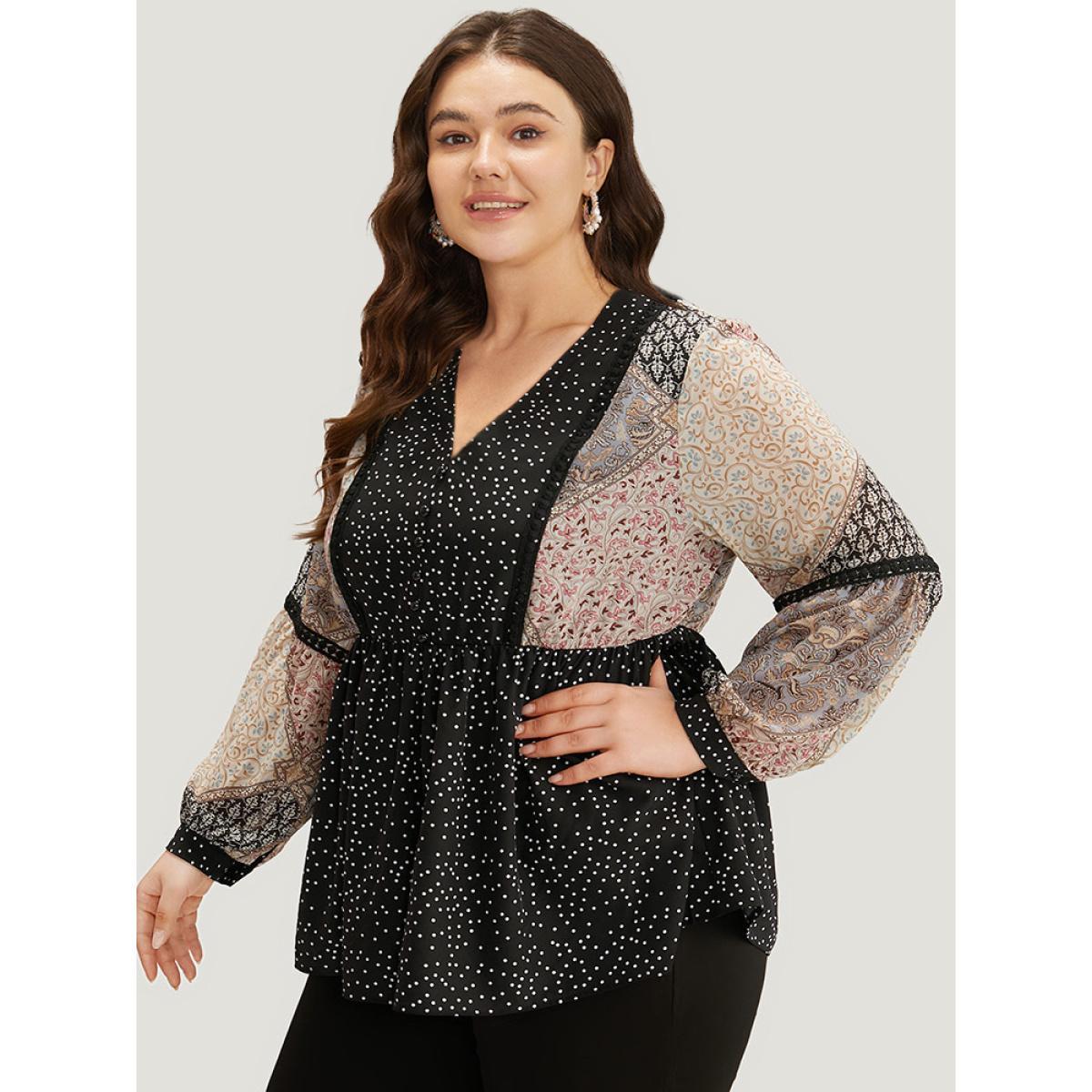 Plus Size BlackFlower Bandana Polka Dot Patchwork Contrast Blouse Women Vacation Long Sleeve V-neck Vacation Blouses BloomChic 30/6X Product Image