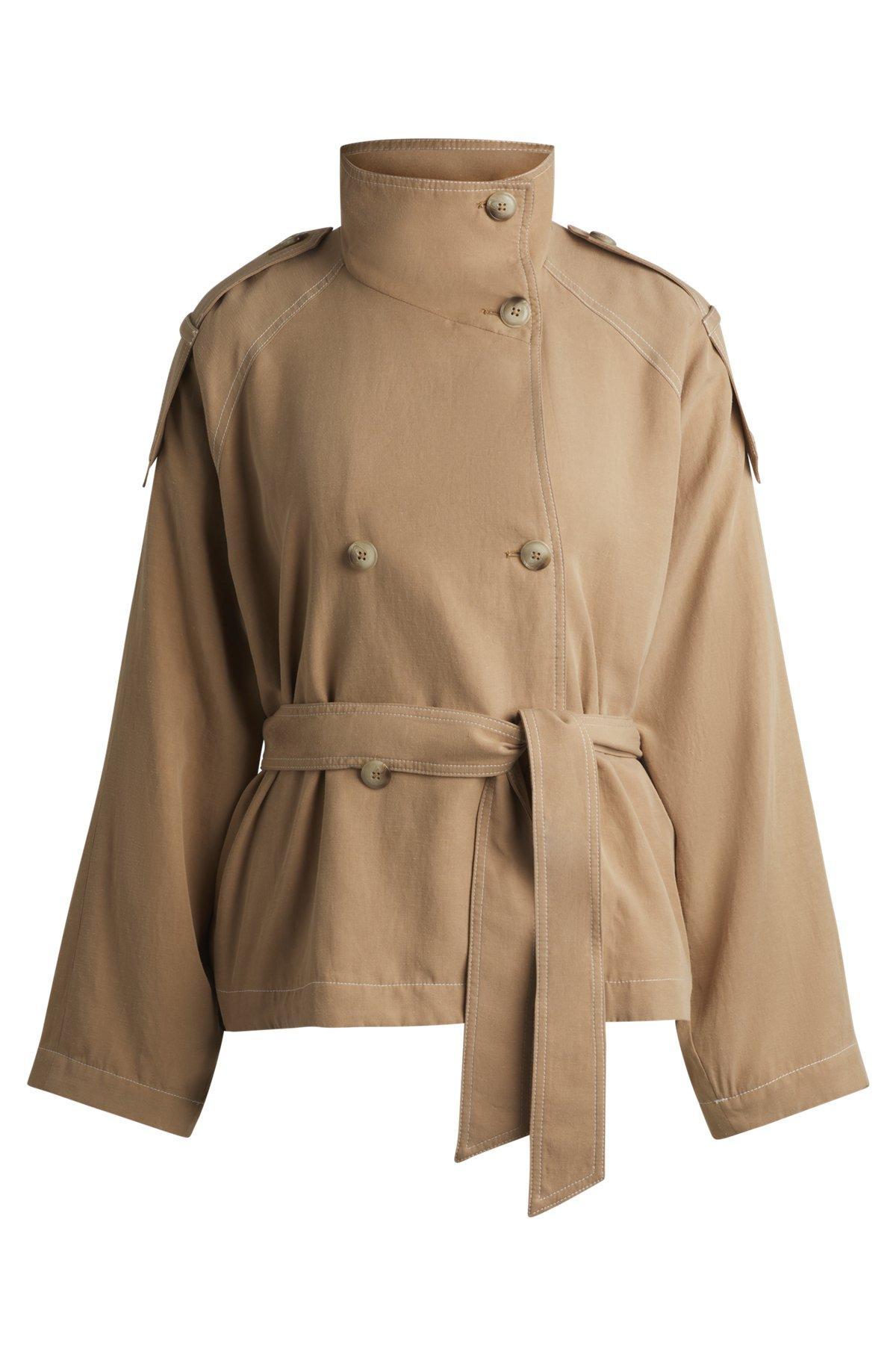 HUGO - Belted jacket with stand collar and contrast stitching - Light Beige Product Image