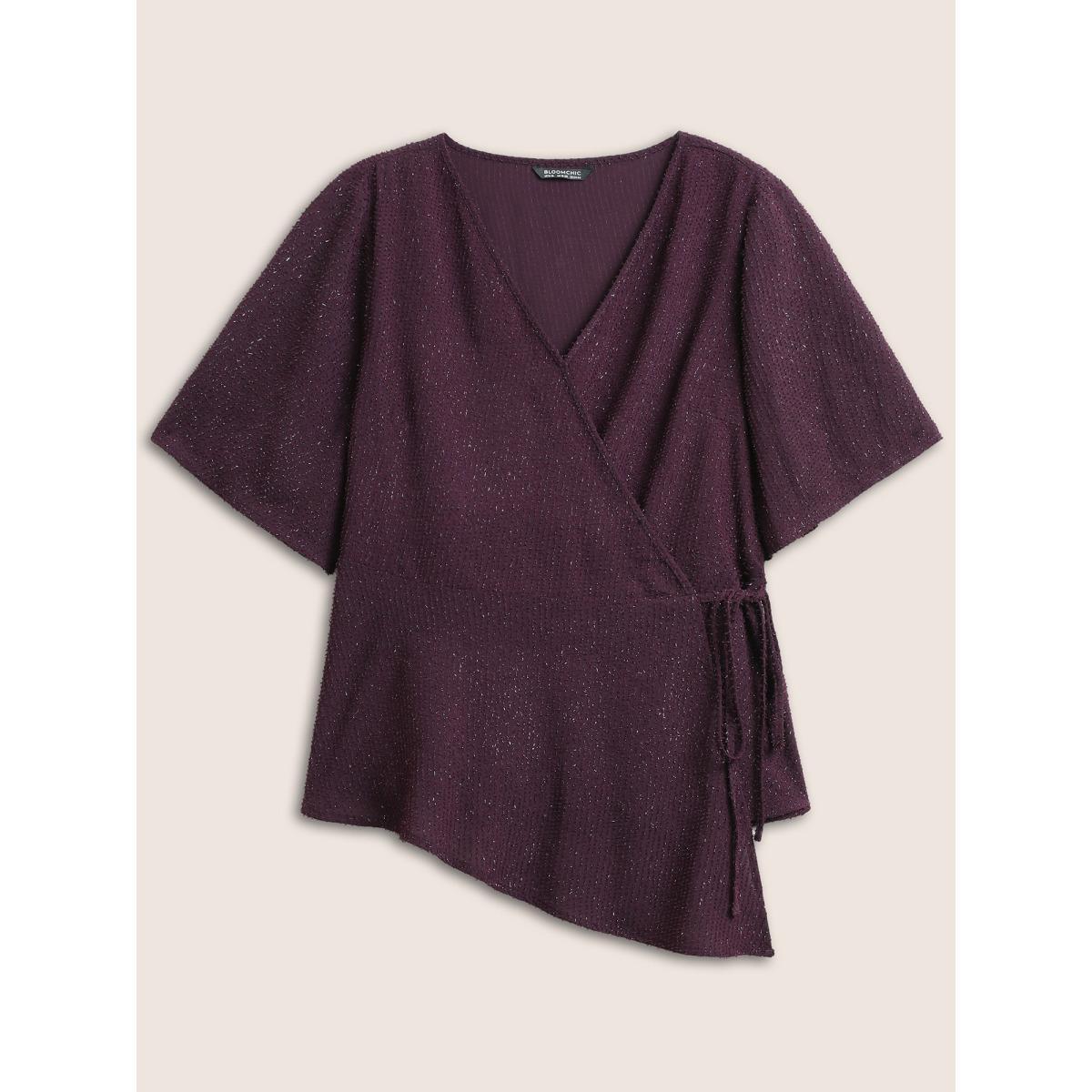 Plus Size Purple Plain Texture Wrap Ties Asymmetrical Hem Blouse Women Cocktail Short sleeve Overlap Collar Party Blouses BloomChic 22-24/3X Product Image