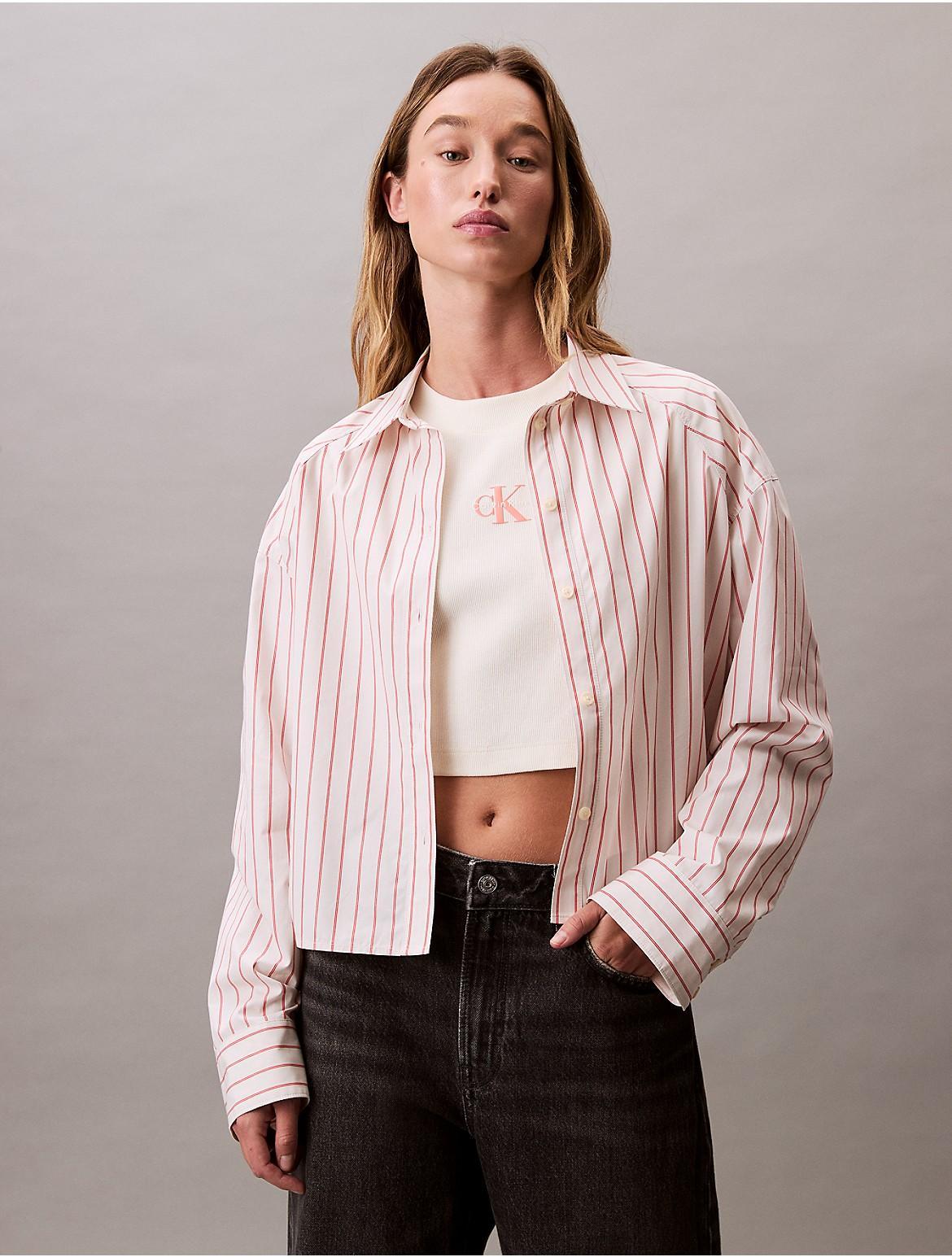 Calvin Klein Womens Stripe Cropped Boxy Button-Down Shirt - Blue Product Image