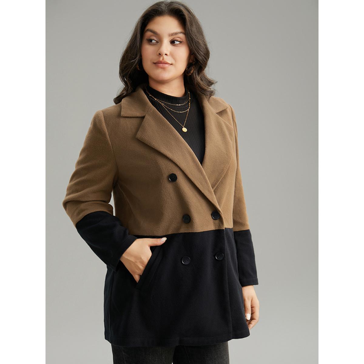 Plus Size Contrast Lapel Collar Double Breasted Pocket Coat Women DarkBrown Casual Contrast Ladies Dailywear Winter Coats BloomChic 18-20/2X Product Image