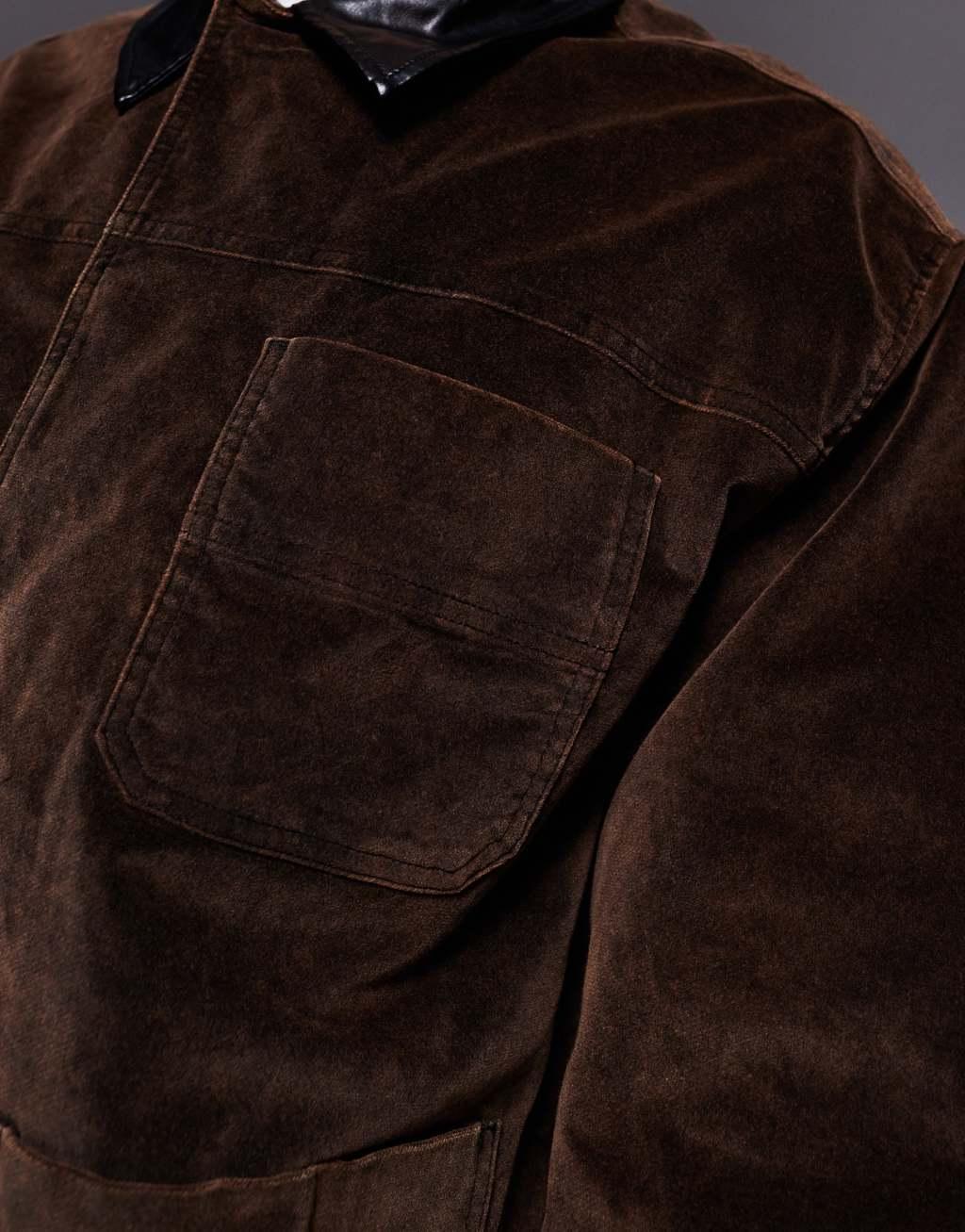 ASOS DESIGN oversized velvet look harrington jacket in brown with contrast collar Product Image