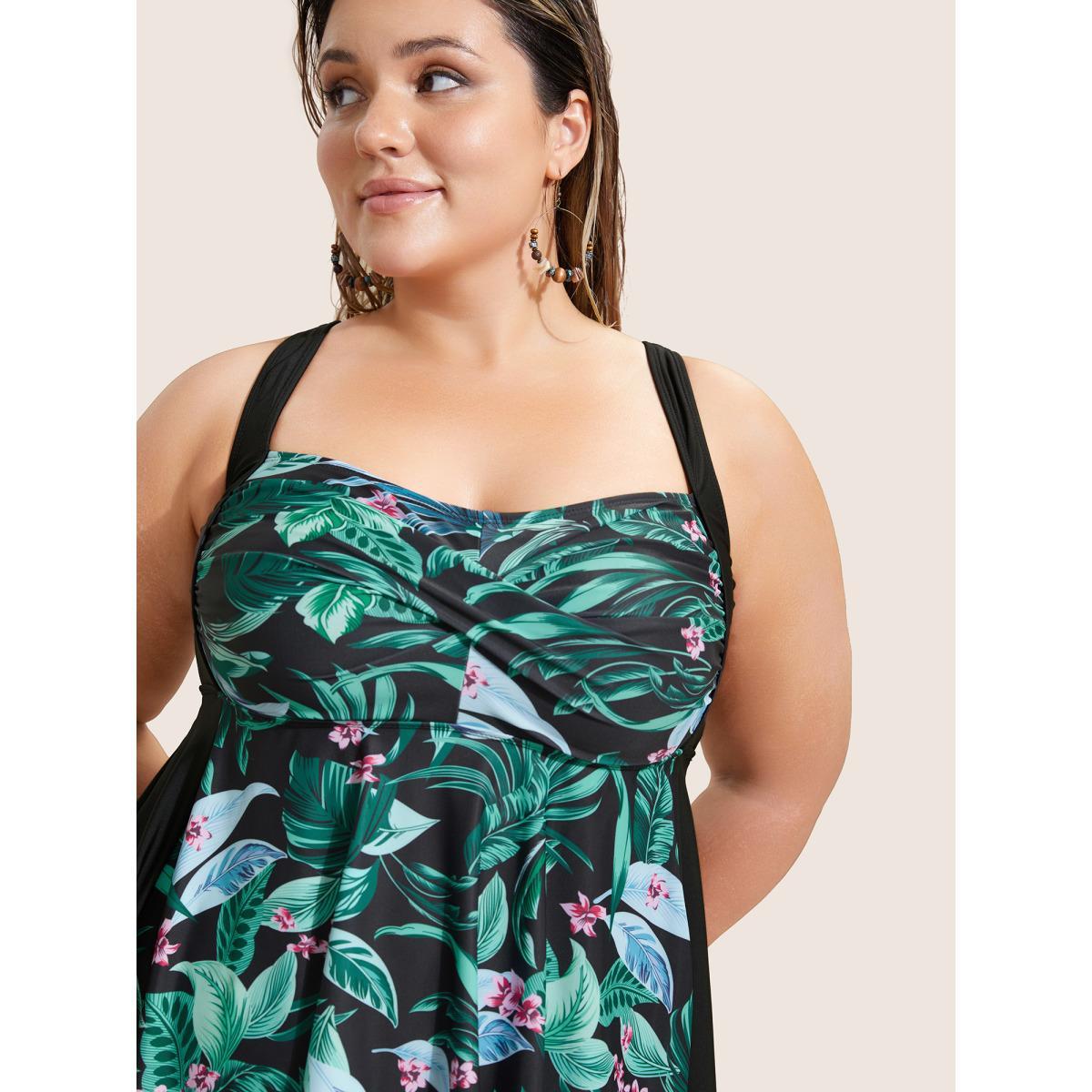 Plus Size Tropical Print Crossover Swim Top Women's Swimwear Multicolor Beach Twist High stretch Bodycon Heart neckline Curve Swim Tops BloomChic 30/6X Product Image
