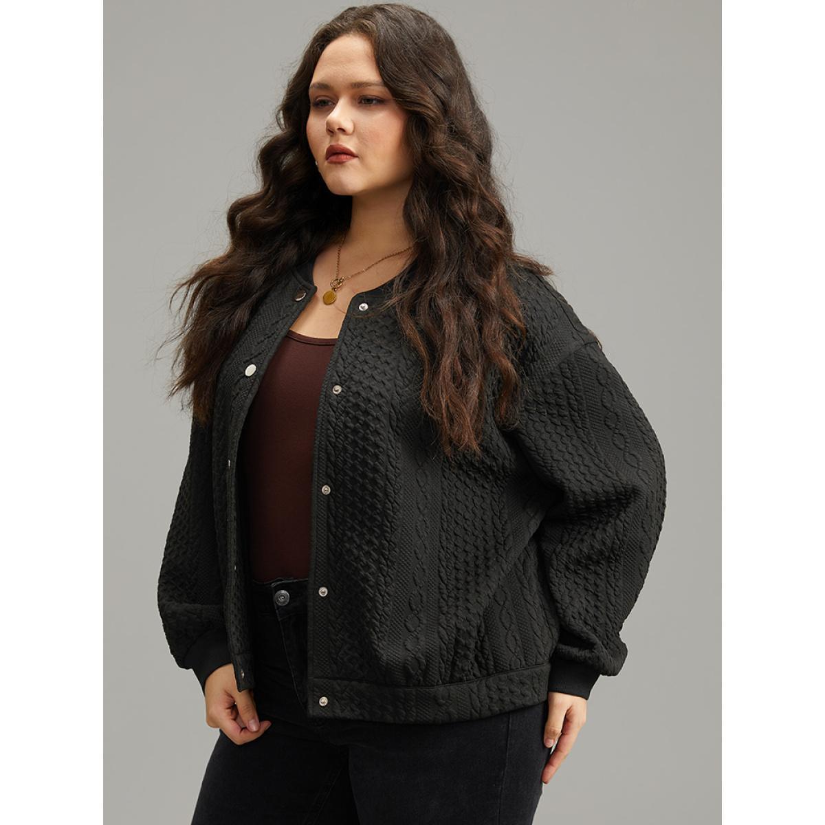 Plus Size Plain Texture Button Through Jacket Women Black Elastic cuffs Dailywear Jackets BloomChic 12/L Product Image