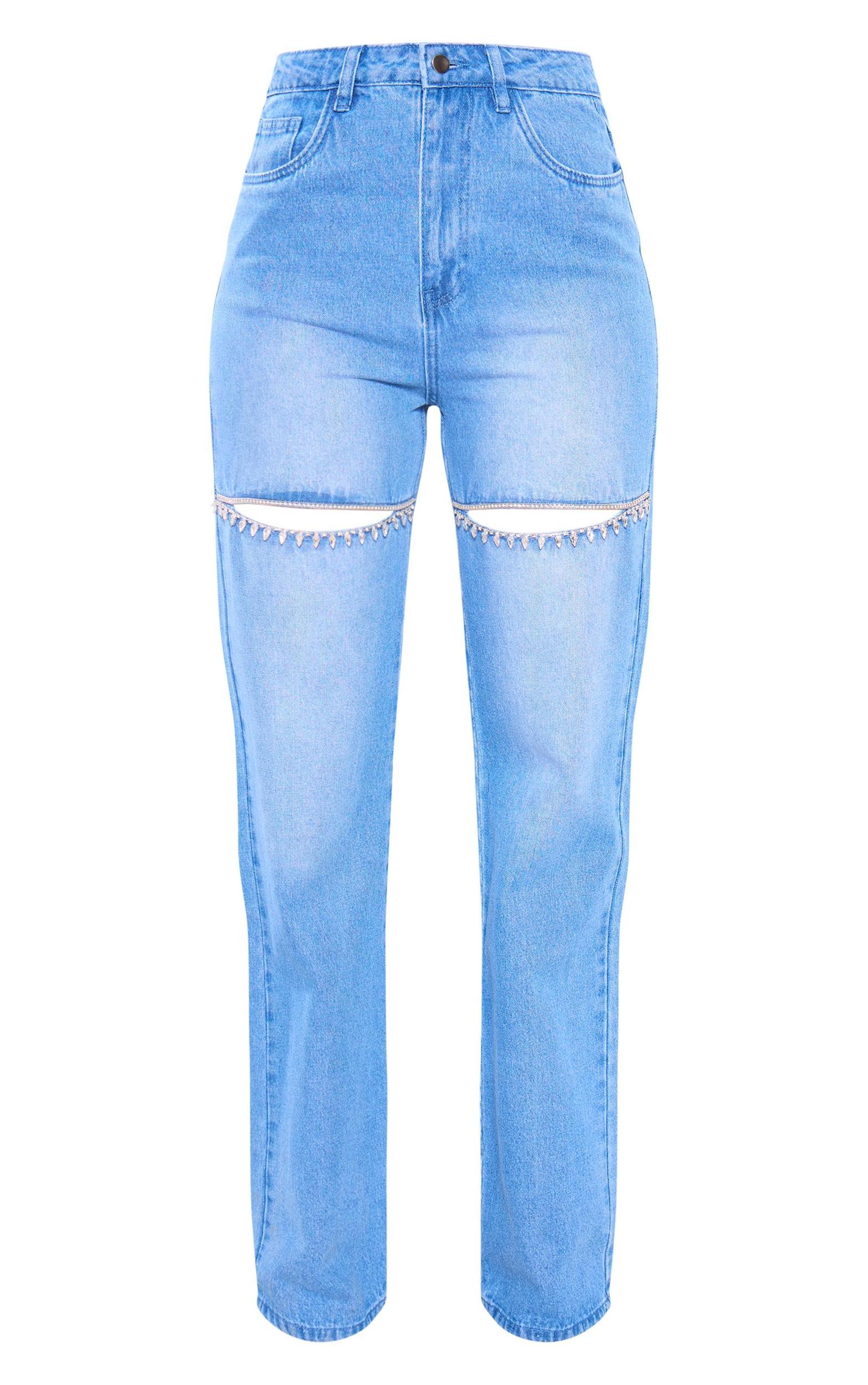 Tall Mid Blue Wash Diamante Cut Out Detail Mid Rise Straight Leg Jeans Product Image
