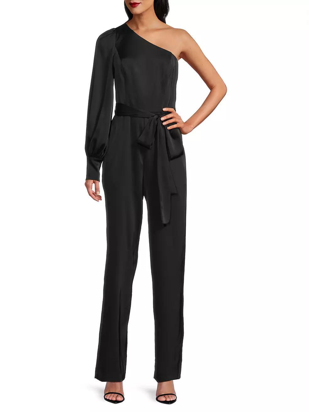 Satin One-Shoulder Tie-Waist Jumpsuit Product Image