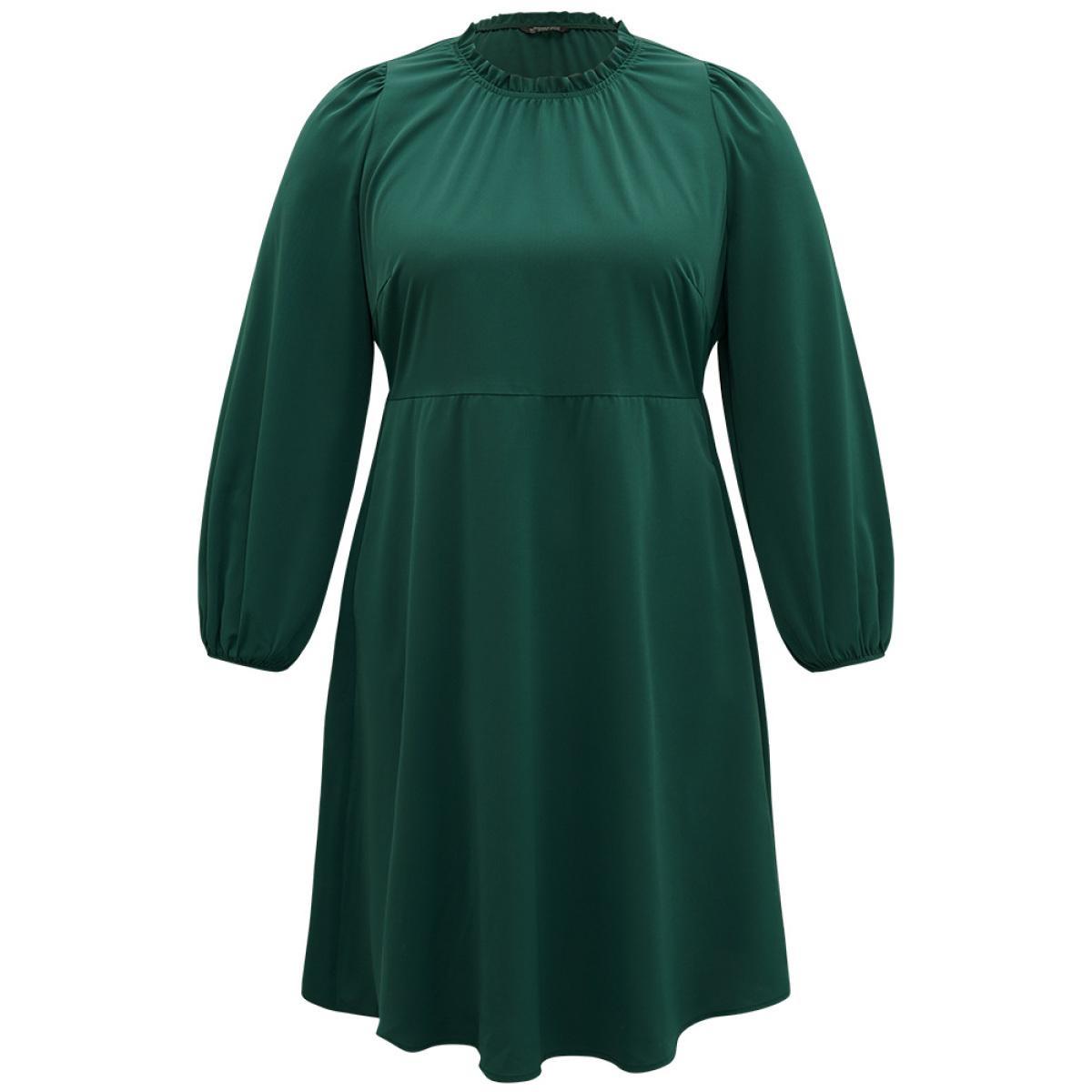 Plus Size Anti-Wrinkle Frill Trim Elastic Cuffs Dress DarkGreen Women Office Elastic cuffs Mock Neck Long Sleeve Curvy Midi Dress BloomChic 22-24/3X Product Image