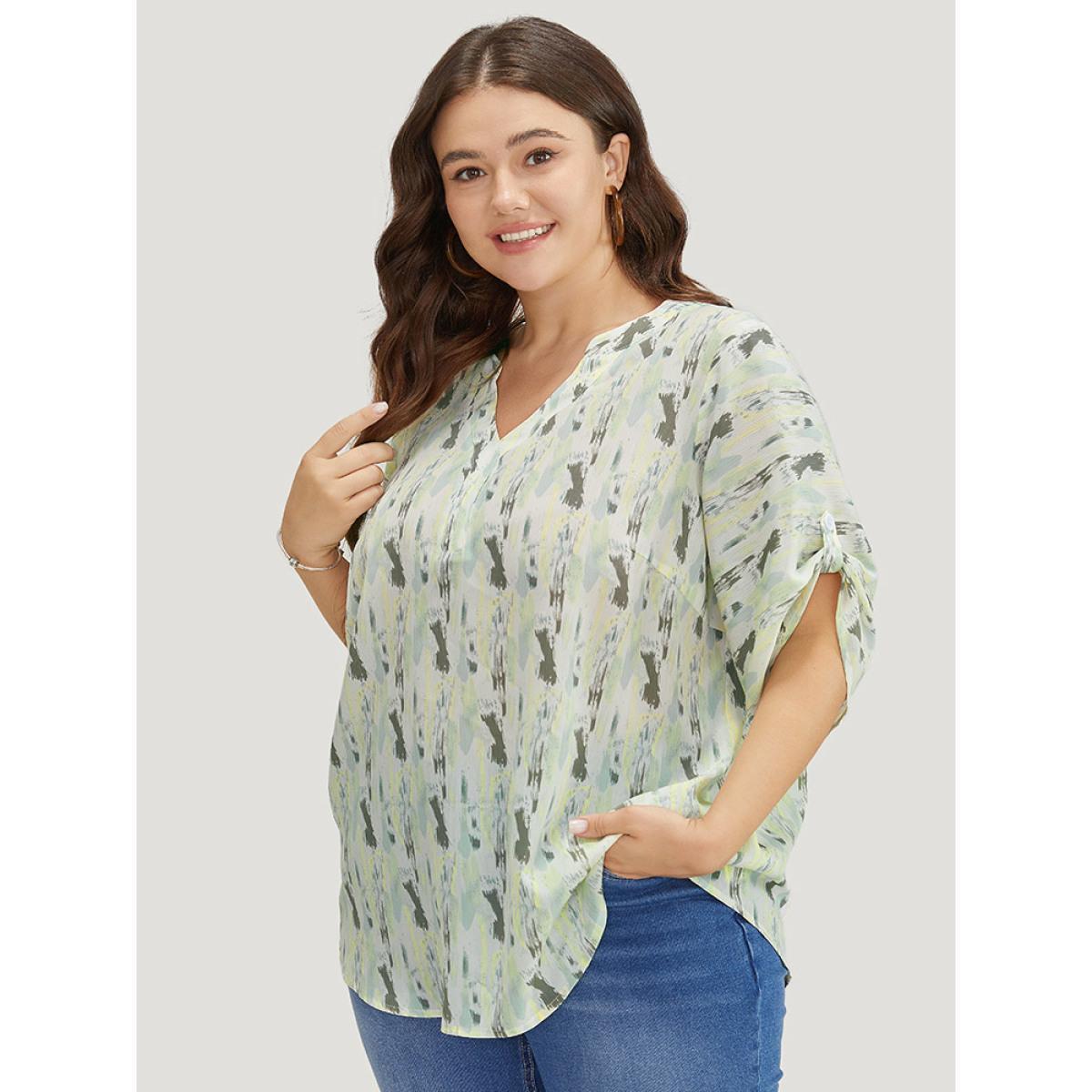 Plus Size LightGreen Brush Print Notched Neck Contrast Cuffed Sleeve Blouse Women Vacation Half Sleeve V-neck Dailywear Blouses BloomChic 22-24/3X Product Image