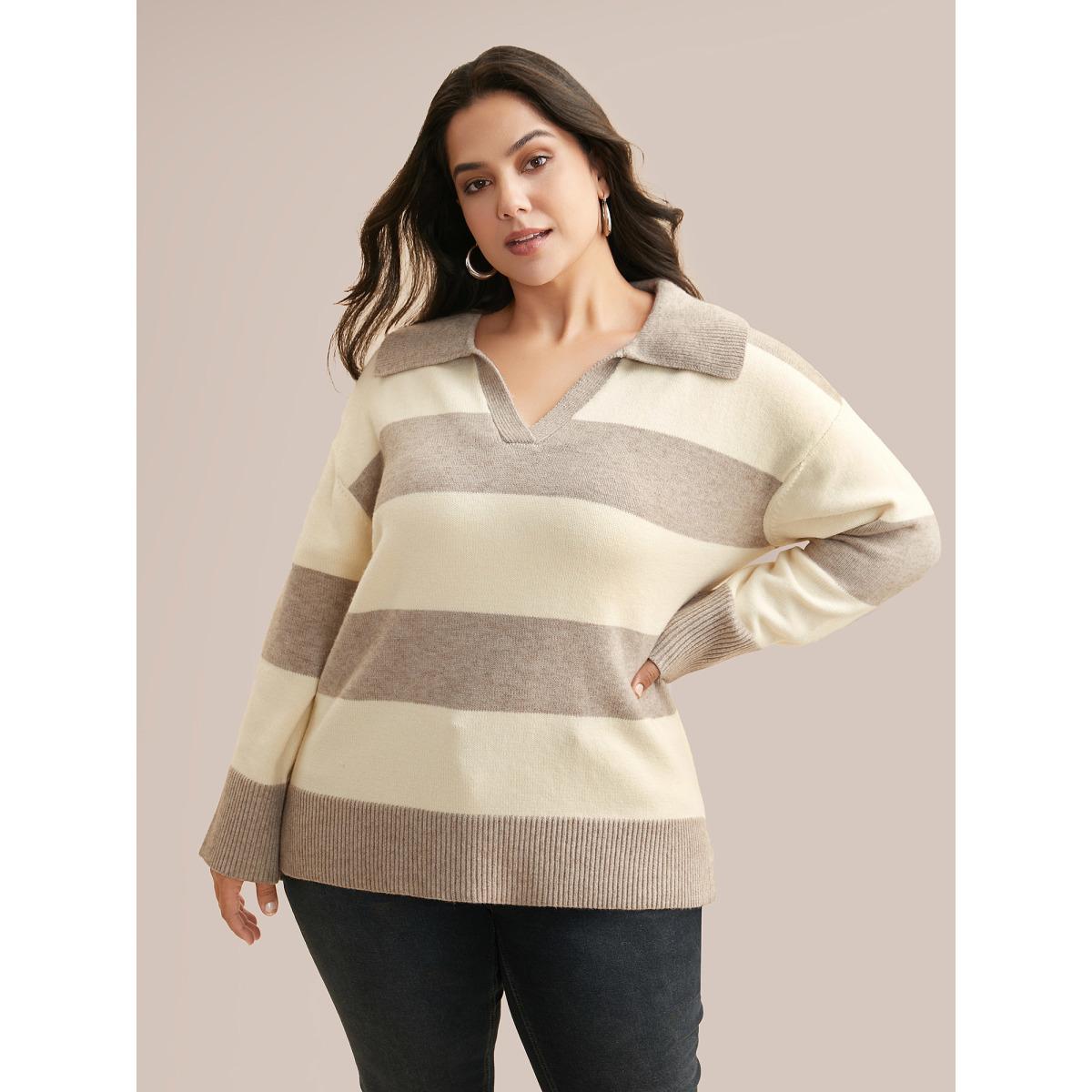 Plus Size Supersoft Essentials Contrast Slit Hem Texture Pullover Tan Women Casual Loose Long Sleeve Polo Everyday Pullovers BloomChic 18-20/2X Product Image