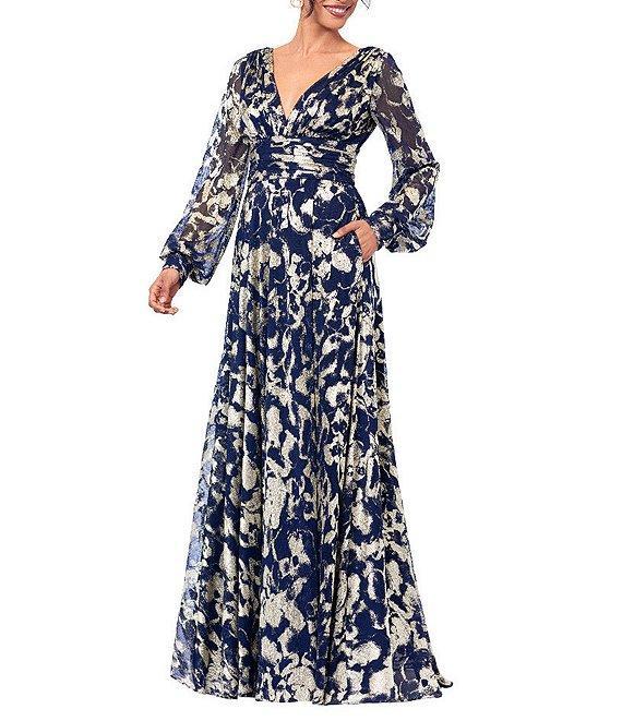 Betsy & Adam Petite Size Metallic Crinkle Foil Mesh Long Sleeve Gown Product Image