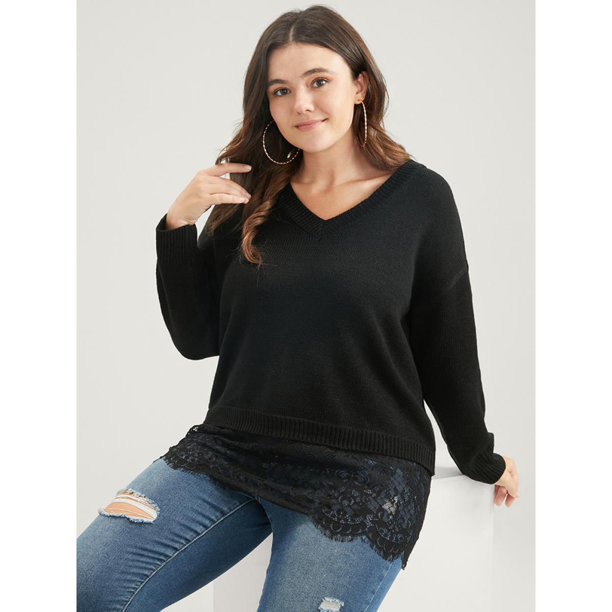 Plus Size Solid Pointelle Knit V Neck Lace Hem Knit Top Black Women Casual Long Sleeve V-neck Dailywear Pullovers BloomChic 12/L Product Image