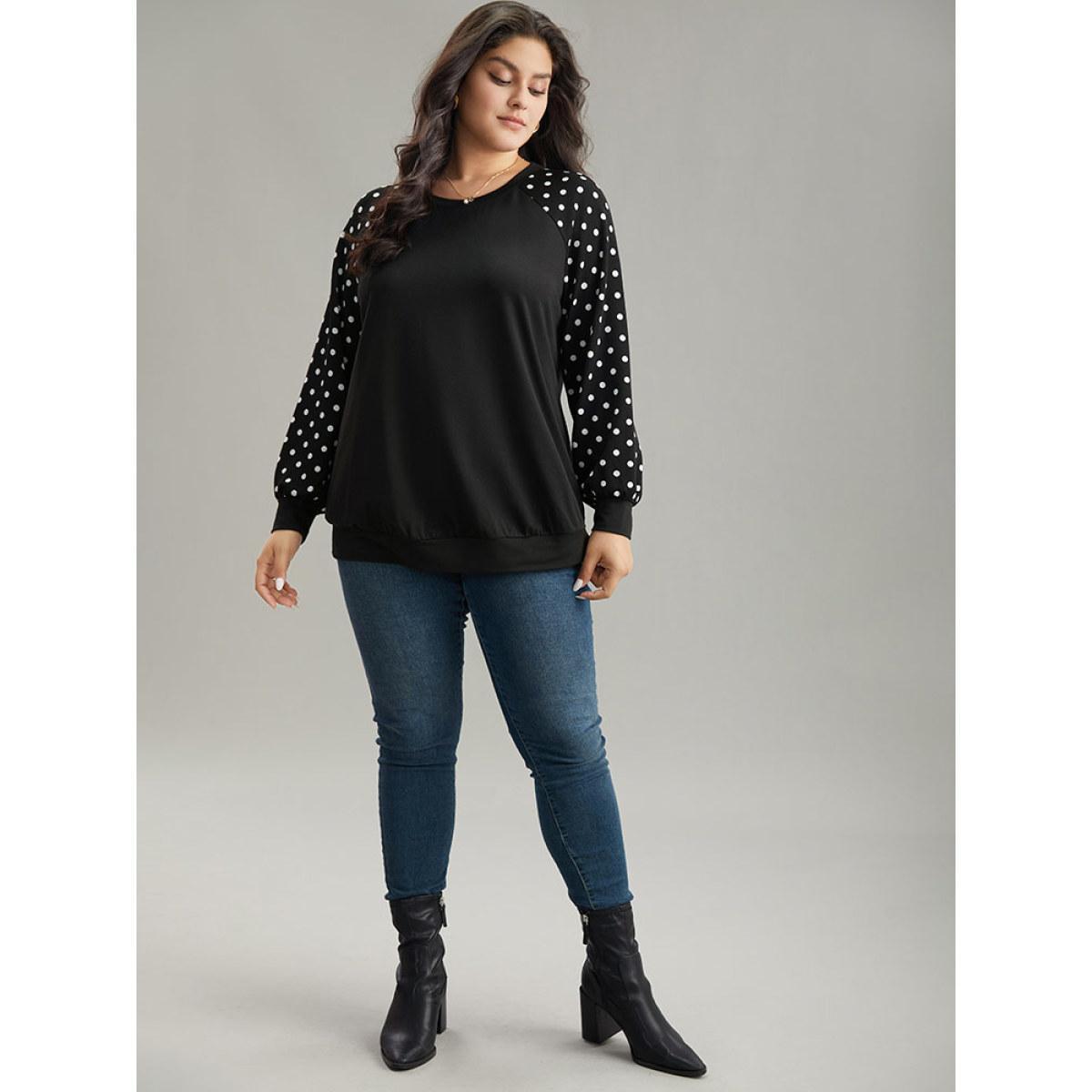 Plus Size Polka Dot Patchwork Raglan Sleeve Sweatshirt Women Black Casual Elastic cuffs Round Neck Everyday Sweatshirts BloomChic 18-20/2X Product Image