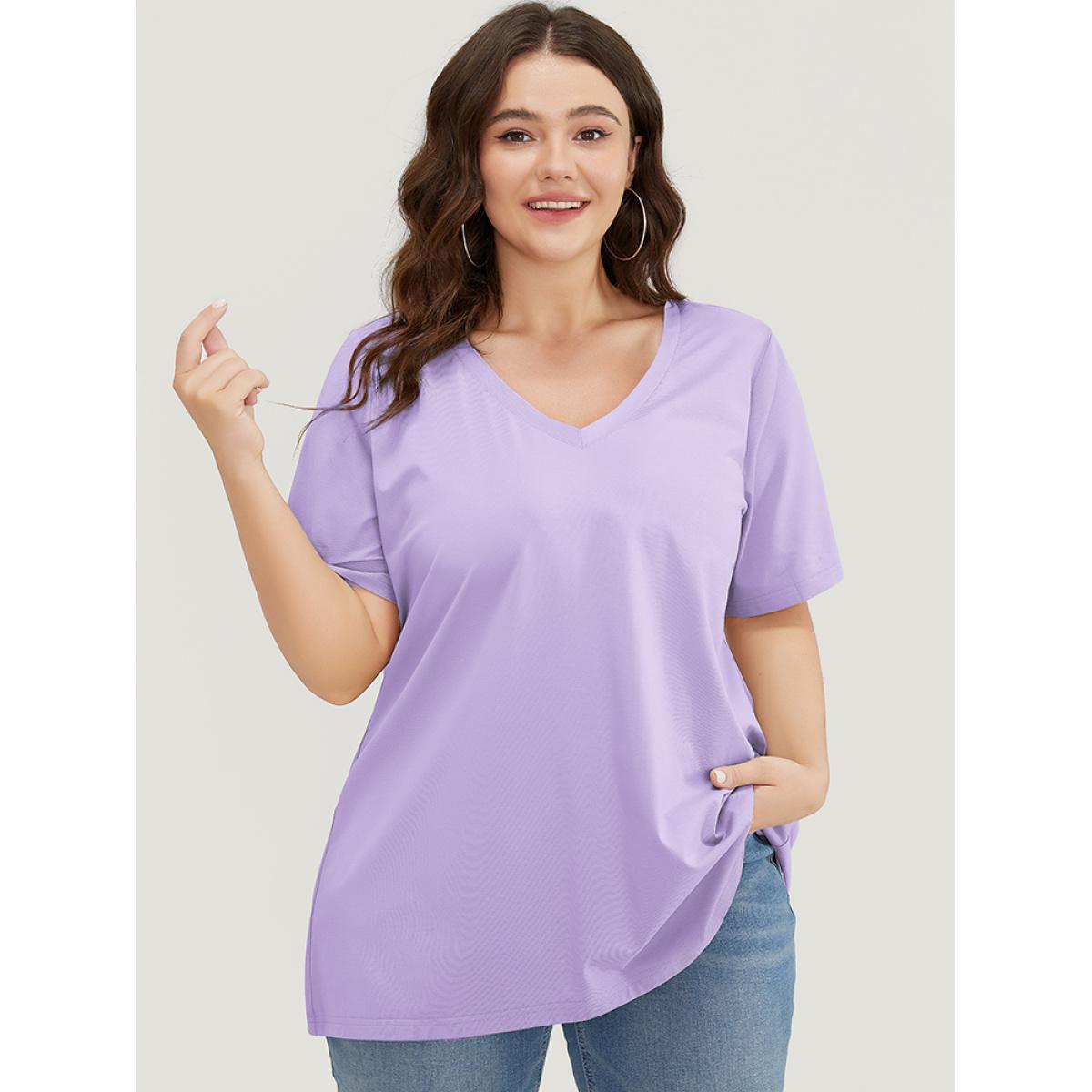 Plus Size UltraCool Drop Shoulder Short Sleeve T-shirt Lilac Women Basics Plain V-neck Dailywear T-shirts BloomChic 30/6X Product Image