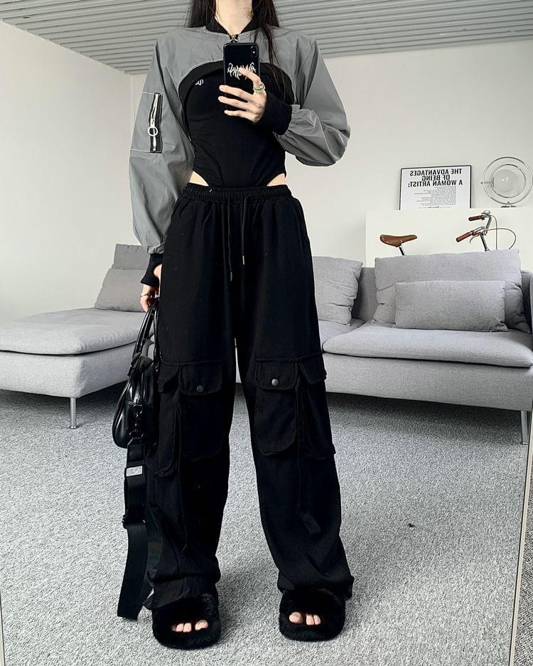 Sleeveless Scoop Neck Lettering Embroidered Bodysuit Top / Drawstring Waist Plain Wide Leg Cargo Pants / Two Tone Panel Crop Zip Jacket Product Image