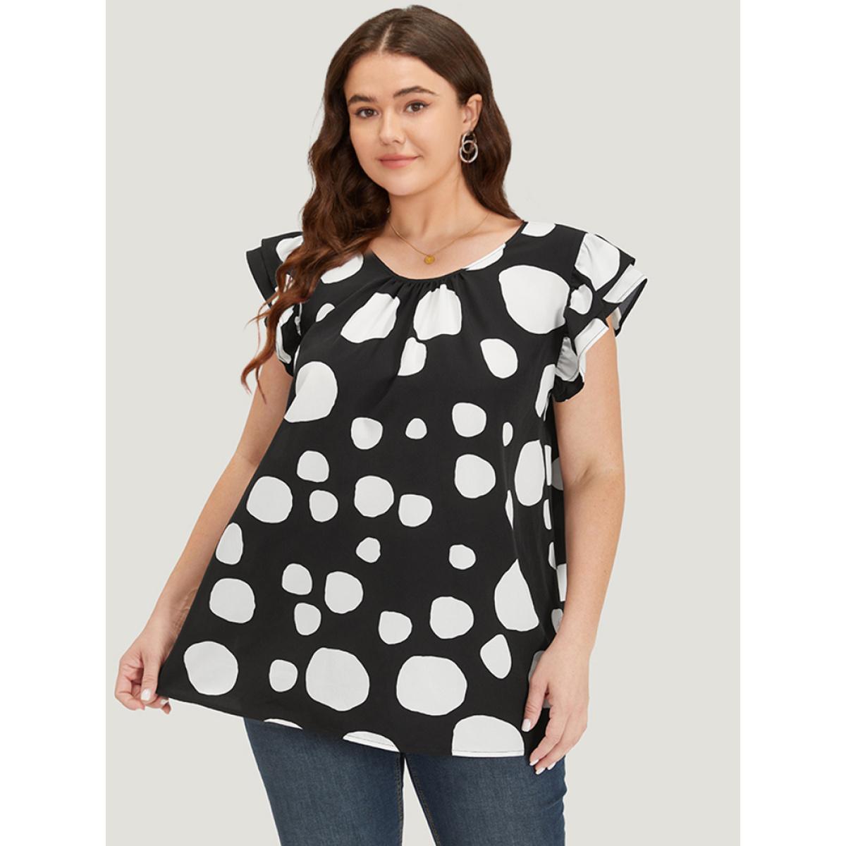 Plus Size Black Polka Dot Flutter Cap Sleeve Tiered Blouse Women Elegant Cap Sleeve Round Neck Dailywear Blouses BloomChic 22-24/3X Product Image