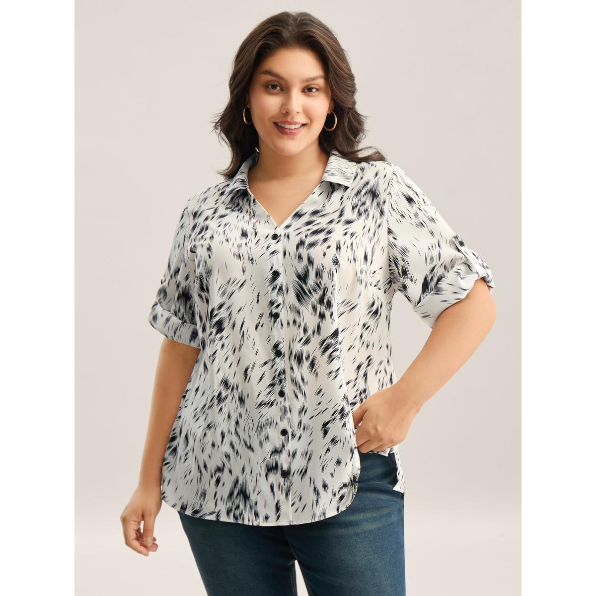 Plus Size Ivory Zebra Print Tab Sleeve Shirt Collar Blouse Women Elbow-length sleeve Shirt collar Work Blouses BloomChic 14-16/1X Product Image