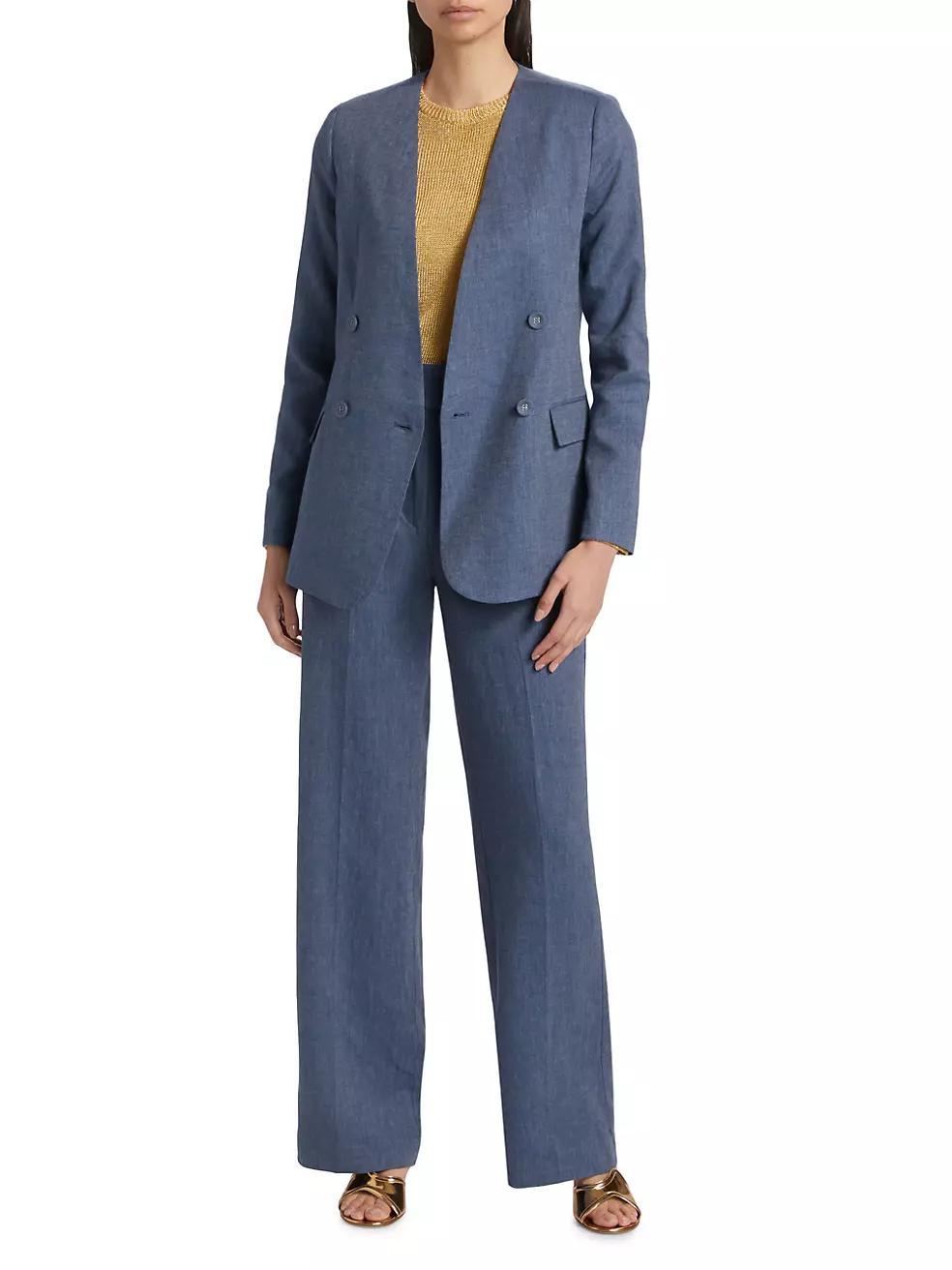 Herringbone Linen-Blend Wide-Leg Pants Product Image