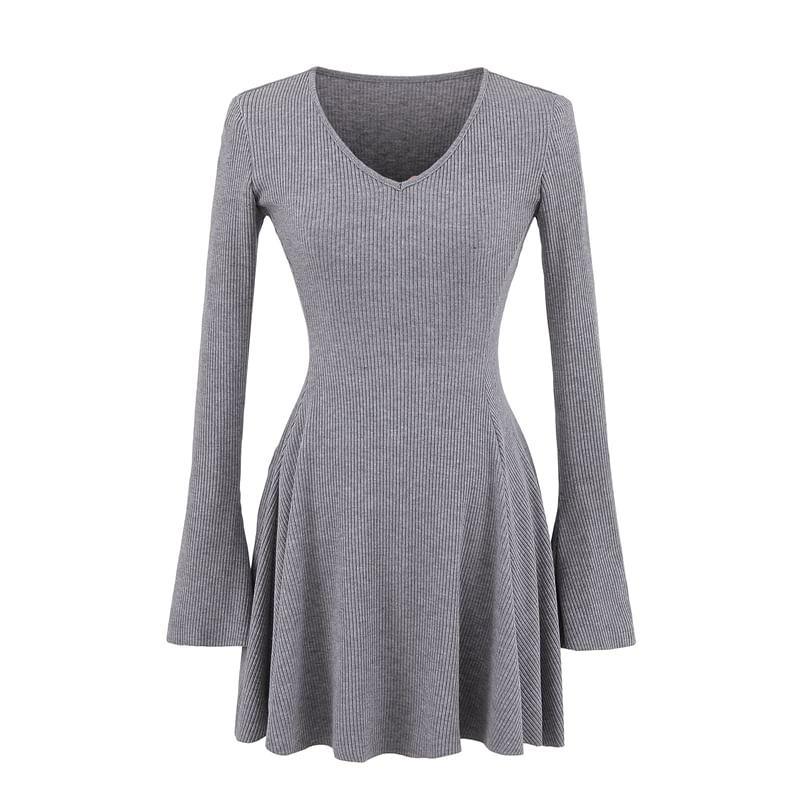Long Sleeve V-Neck Plain Mini A-Line Dress Product Image