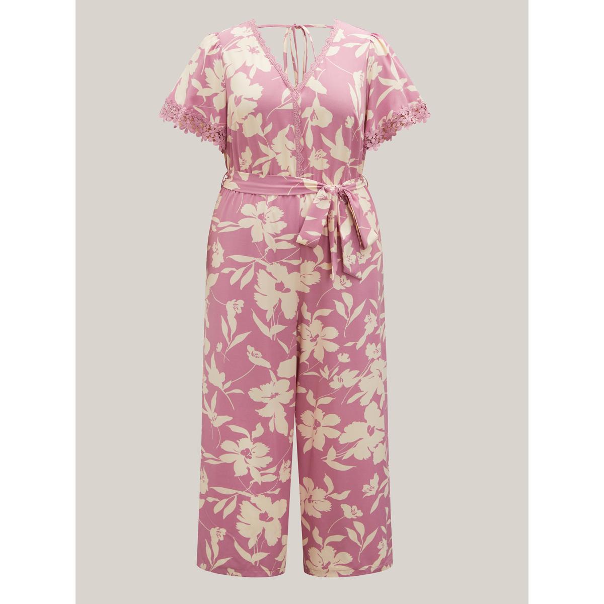 Plus Size Beanpastepowder Floral Print Back Tie Jumpsuit Women Short sleeve V-neck Everyday-Elegant Loose Jumpsuits BloomChic 10/M Product Image