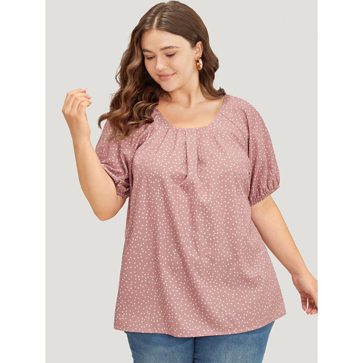 Plus Size DustyPink Polka Dot Pleated Round Neck Puff Sleeve Blouse Women Office Short sleeve Round Neck Work Blouses BloomChic 28/5X Product Image
