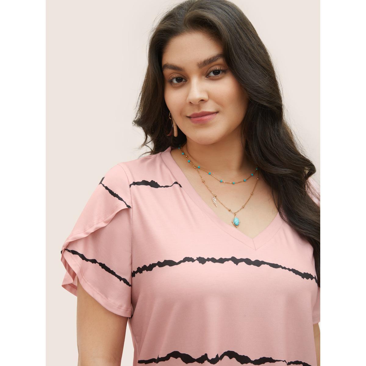 Plus Size Striped Contrast Petal Sleeve T-shirt Crepe Women Elegant Striped Everyday T-shirts BloomChic 22-24/3X Product Image