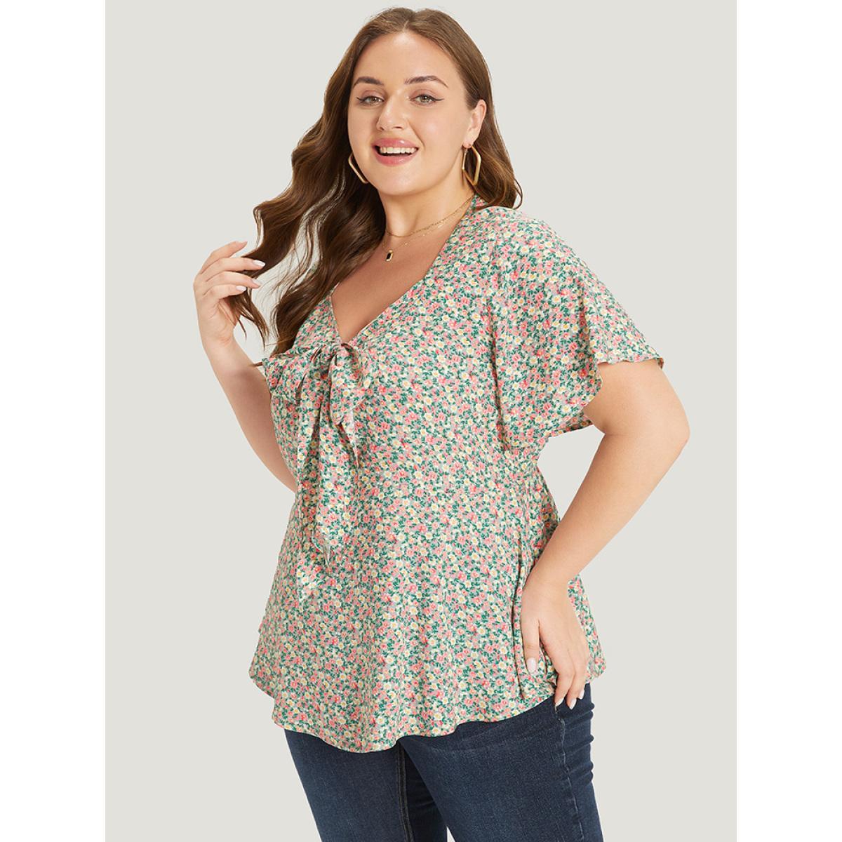 Plus Size Mint Ditsy Floral Knot V Neck Blouse Women Elegant Short sleeve V-neck Dailywear Blouses BloomChic 26/4X Product Image