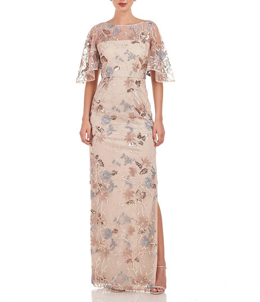 JS Collections Sequin Embroidered Mesh Short Flutter Sleeve Illusion Boat Neck Gown Product Image