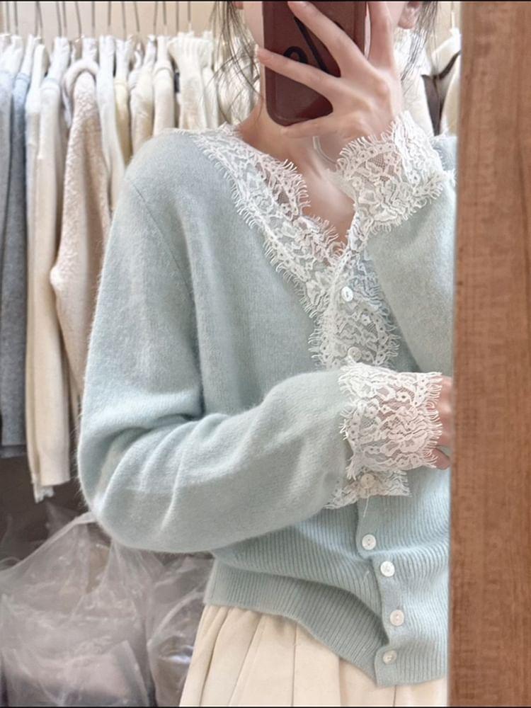 Long Sleeve V-Neck Button Panel Lace Knit Top Product Image