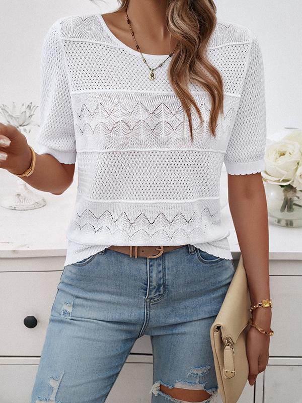 Half Sleeves Loose Hollow Jacquard Solid Color Round-Neck T-Shirts Tops Product Image