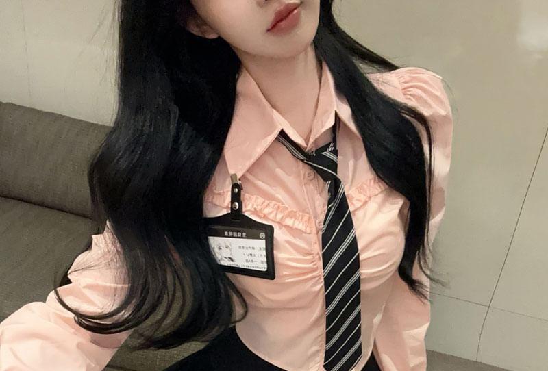 Long Sleeve Collared Plain Ruched Shirt / Necktie / Name Badge / High Waist Plain Ruffle Mini A-Line Skort / Set Product Image