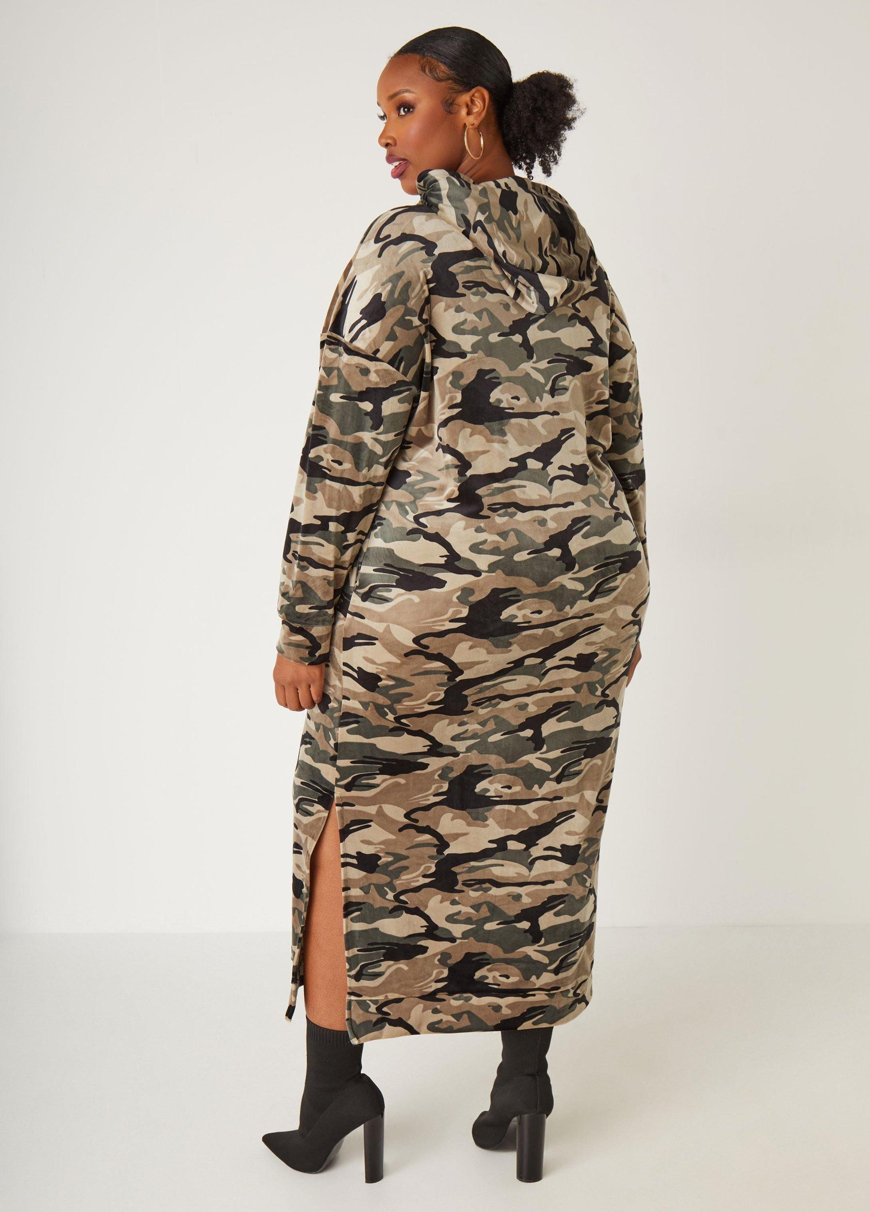 Hooded Camo Velour Maxi Dress Product Image
