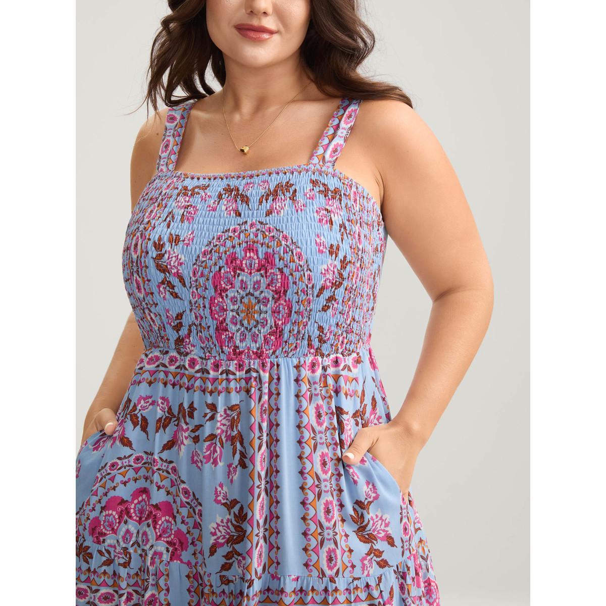 Plus Size Rayon Floral Print Shirred Pockets Midi Dress Stone Women Square Neck Sleeveless Curvy BloomChic 28/5X Product Image