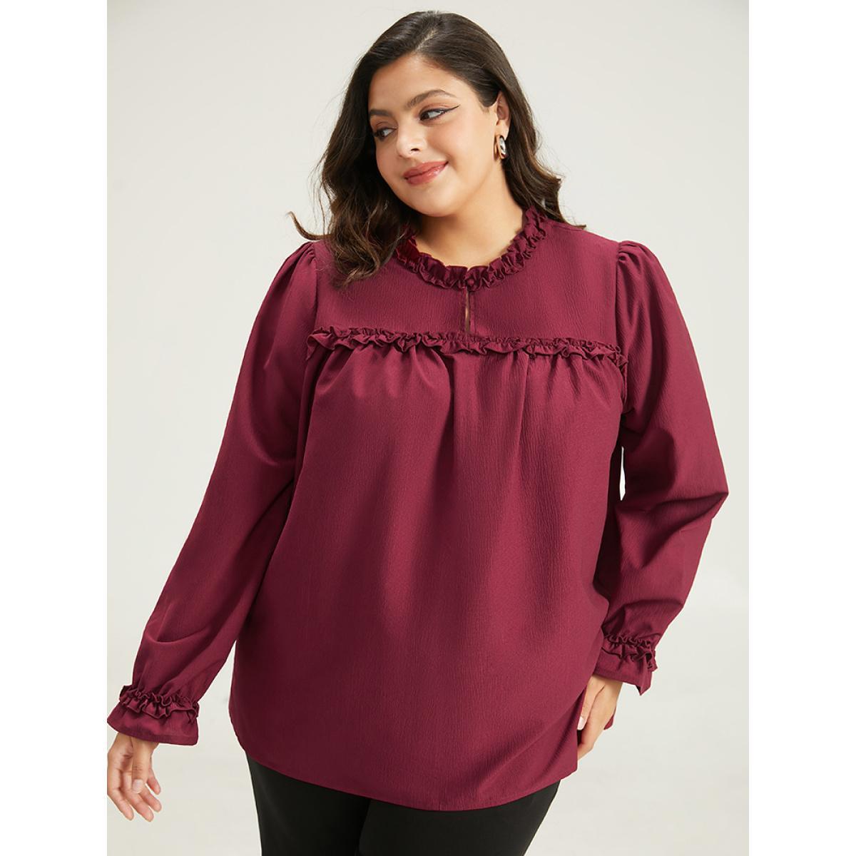 Plus Size Maroon Solid Frill Trim Puff Sleeve Blouse Women Office Long Sleeve Round Neck Work Blouses BloomChic 12/L Product Image