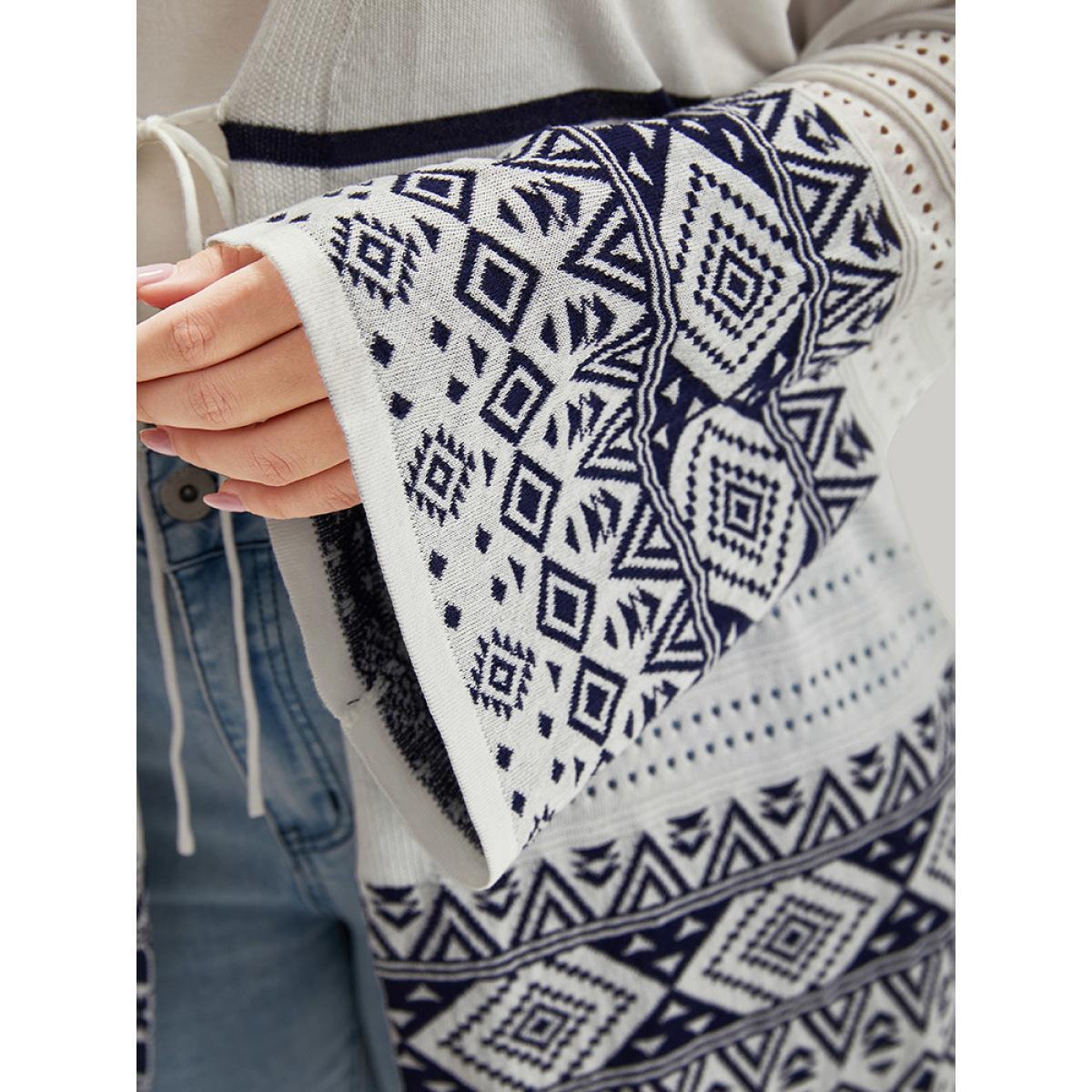 Plus Size Bandana Print Geo Eyelet Ties Front Cardigan WhiteSmoke Women Casual Loose Long Sleeve Everyday Cardigans BloomChic 28/5X Product Image