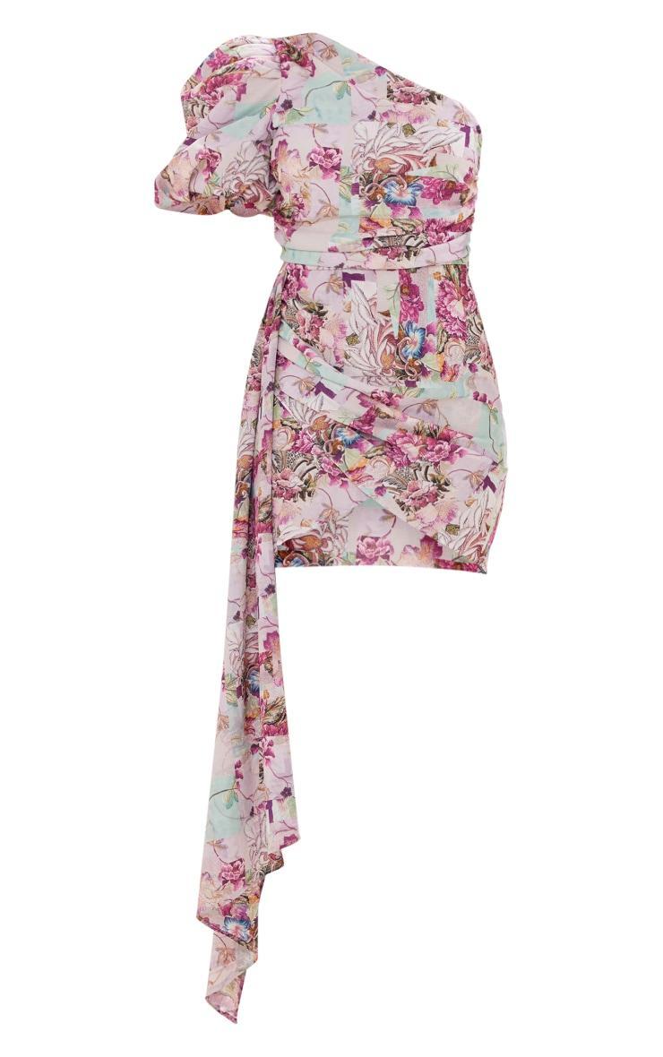 Pink Abstract Floral One Shoulder Puff Sleeve Draped Bodycon Dress Product Image