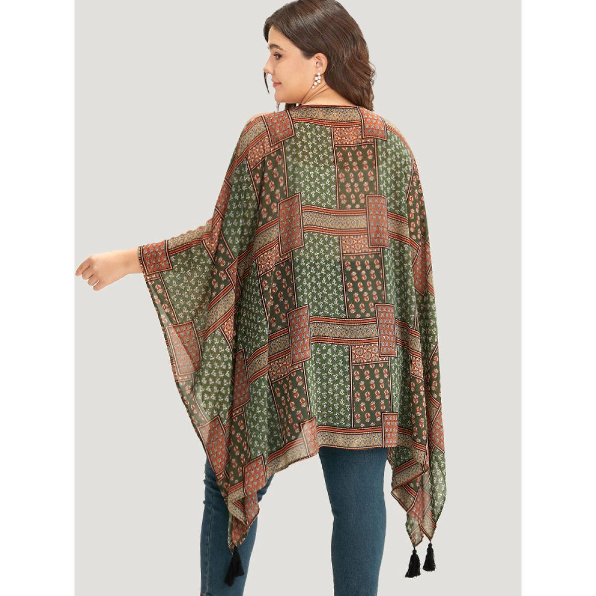 Plus Size Bandana Print Tassels Trim Asymmetrical Hem Kimono Women Moss Casual Drape Loose Dailywear Kimonos BloomChic 12/L Product Image